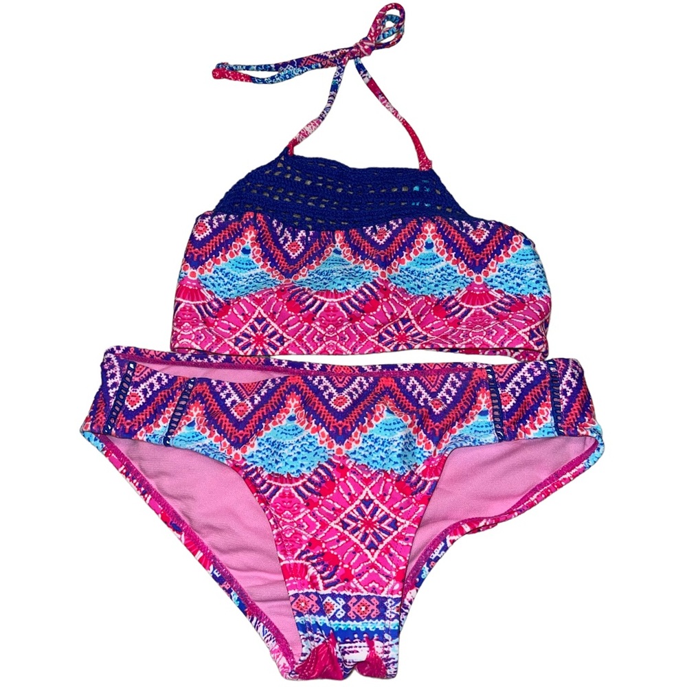 Raisins Girls 2 Pc Swimsuit Crotchet Detail Pink Blue Size 10 Southwesten Print